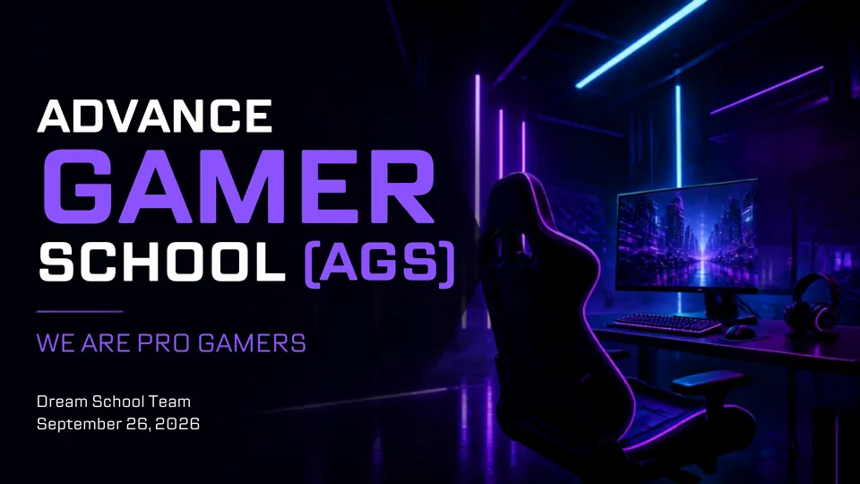 Title slide: "Advance Gamer School (AGS)" in white and violet beside a gaming chair and a glowing monitor in a dark neon room.