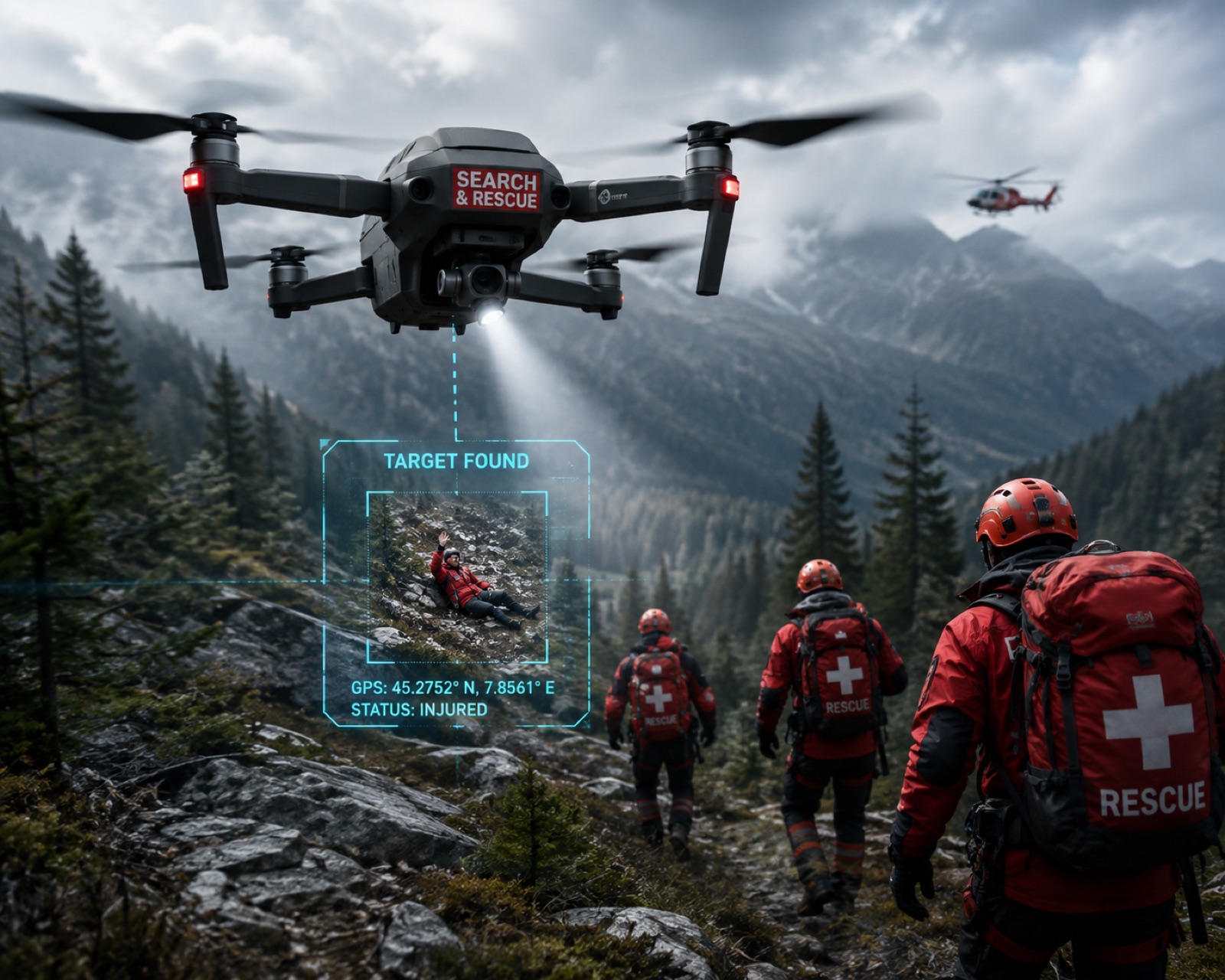 An AI search-and-rescue drone marked "SEARCH & RESCUE" flying over a misty mountain range, with a rescue helicopter behind it