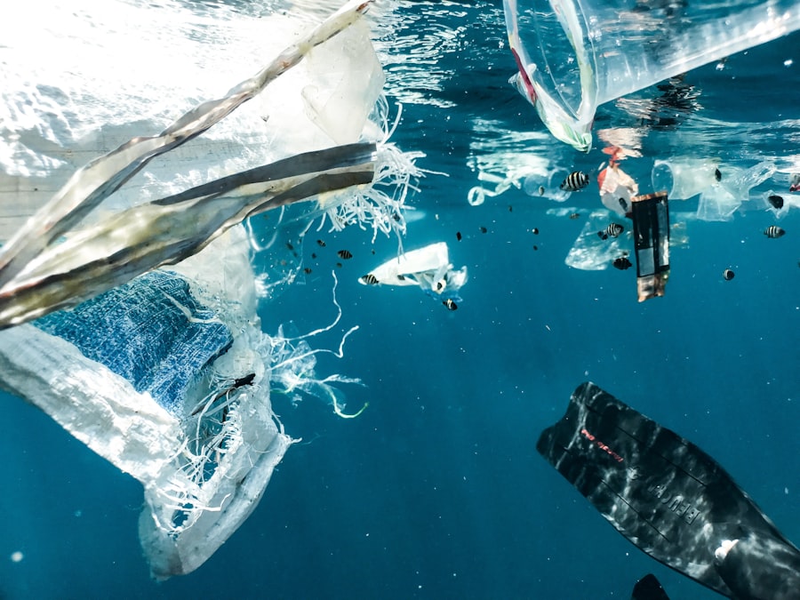 Plastic waste and rubbish floating in ocean water