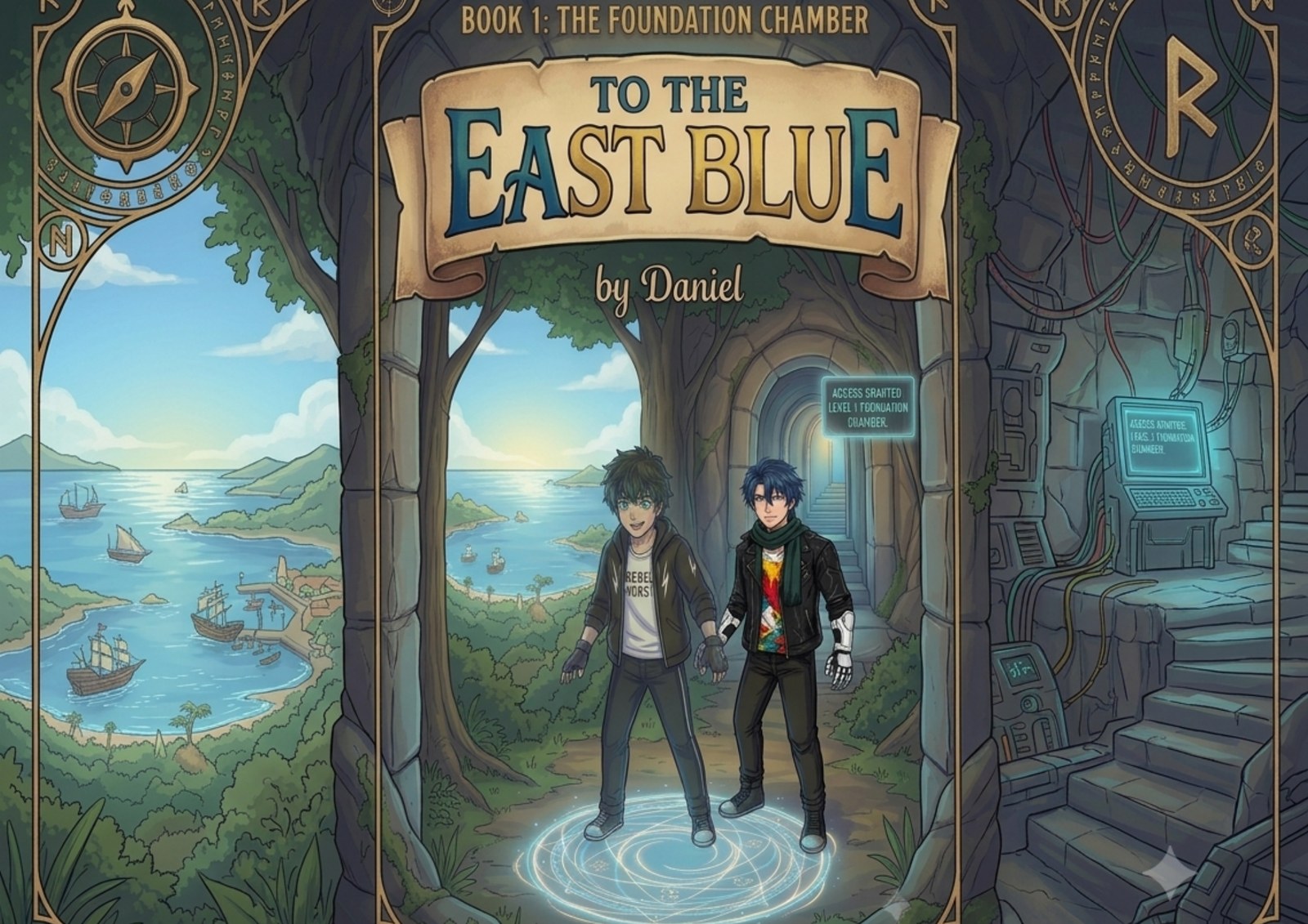 Cover of To the East Blue — two young heroes in a glowing jungle temple doorway