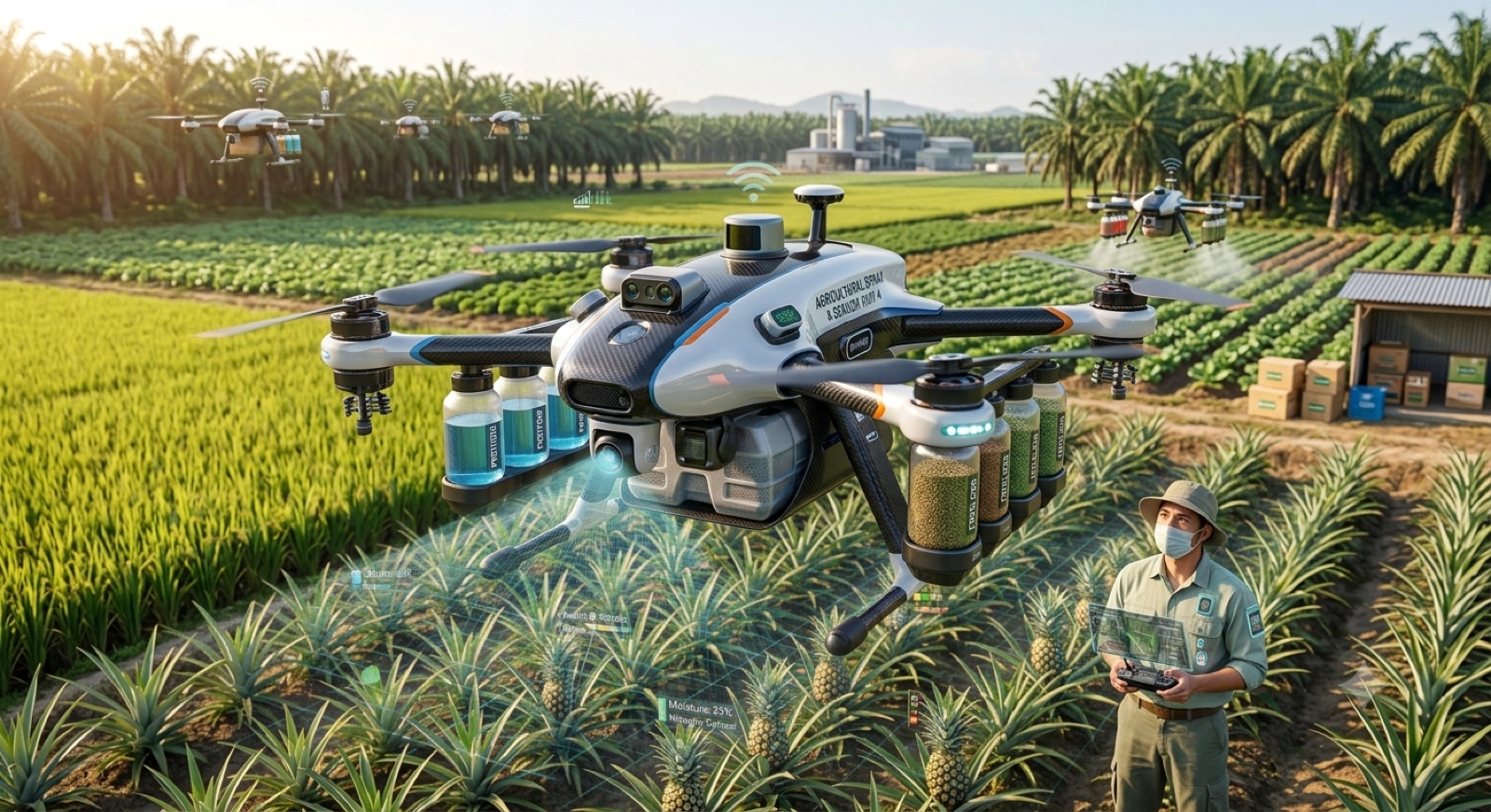 An AI agricultural spray drone flying over a pineapple field with a farmer operating it