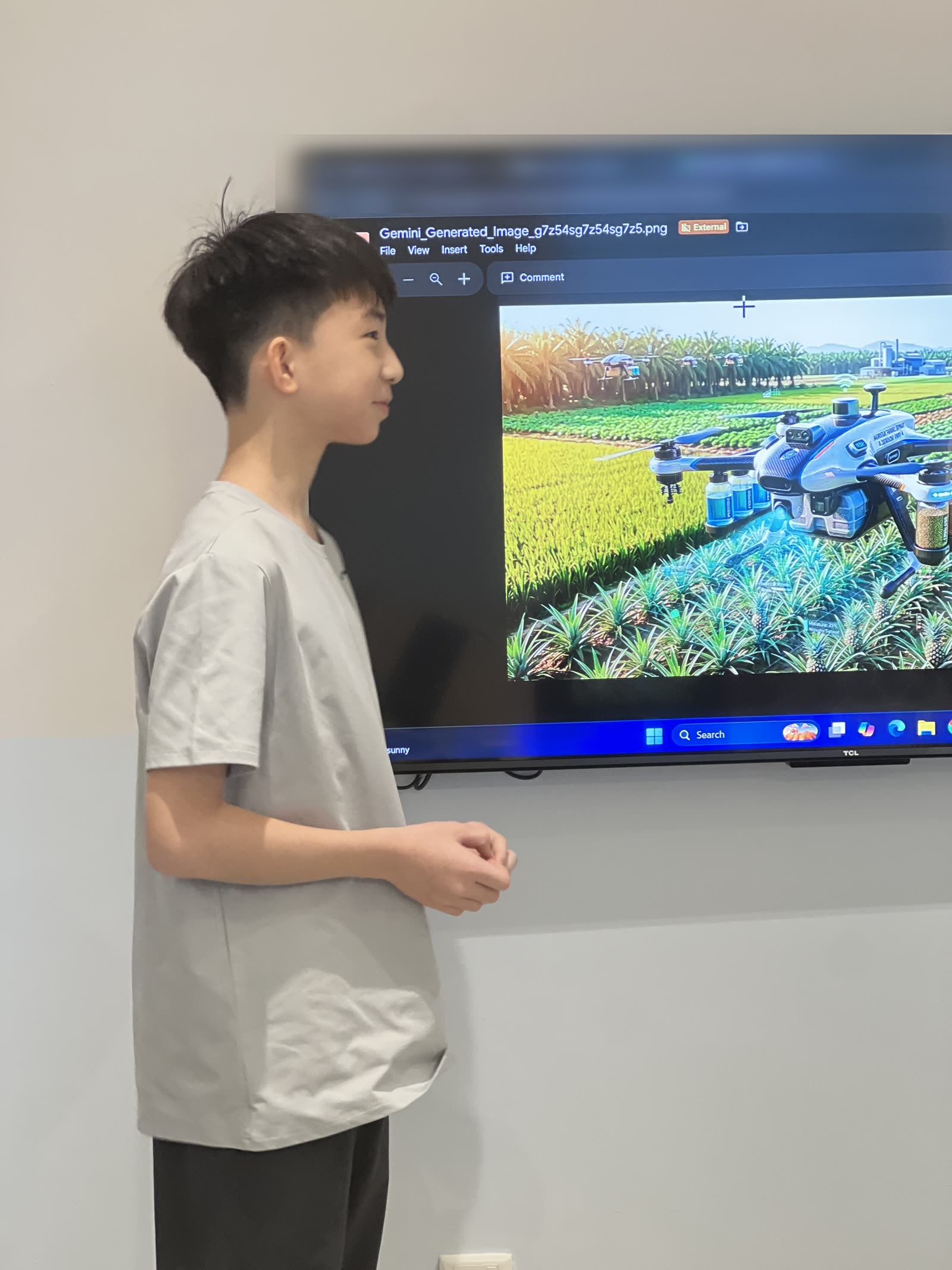 Zhi Lee standing beside a screen showing his spray drone over a green crop field